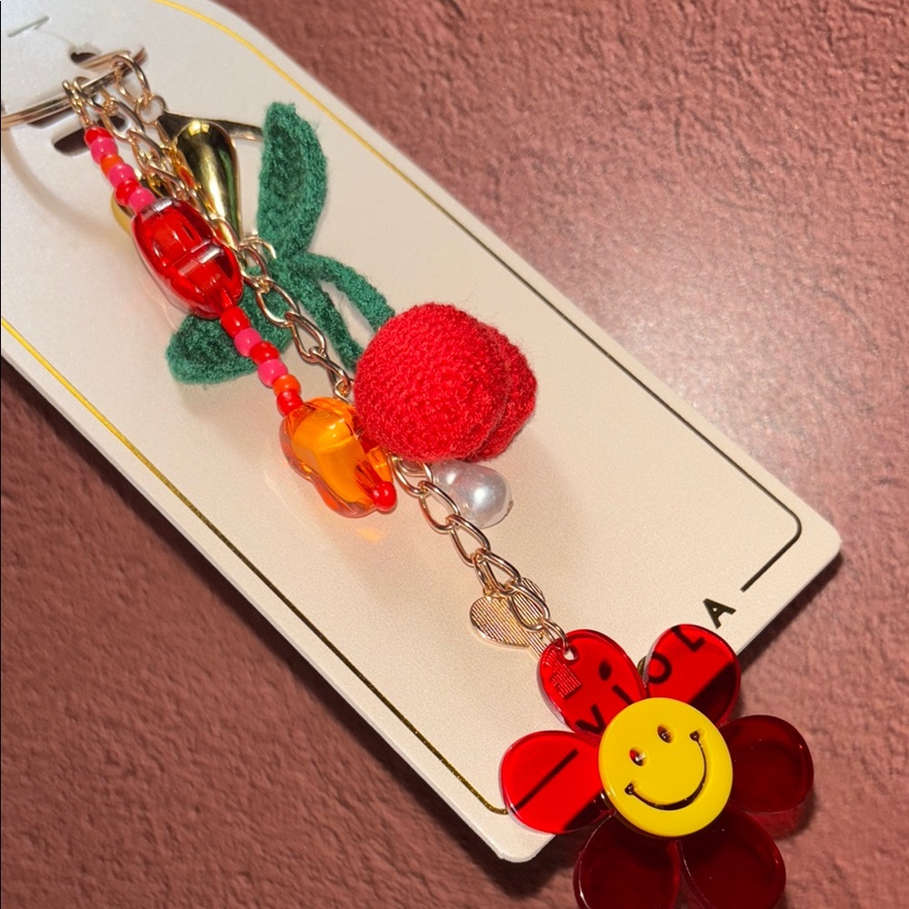 Cherry and Flower Bag Charm Keychain with Red and Pink Accents - Picture 8 of 8